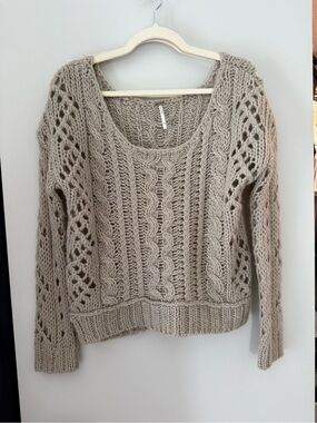 Free People Cable Knit Scoop Neck Sweater - Taupe